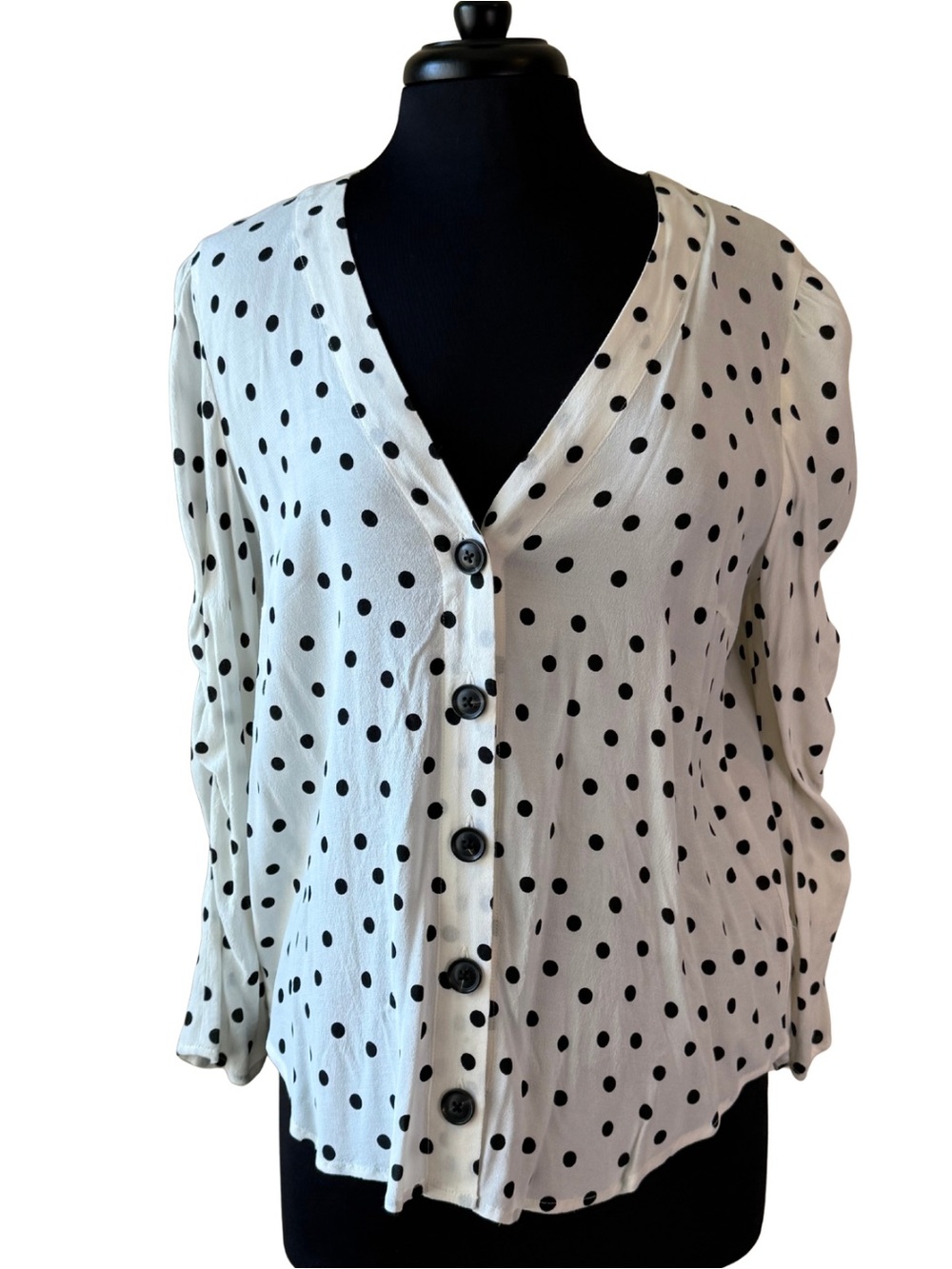 MAEVE Polka Dot Blouse V-Neck Ivory Black Button Front Top ANTHROPOLOGIE